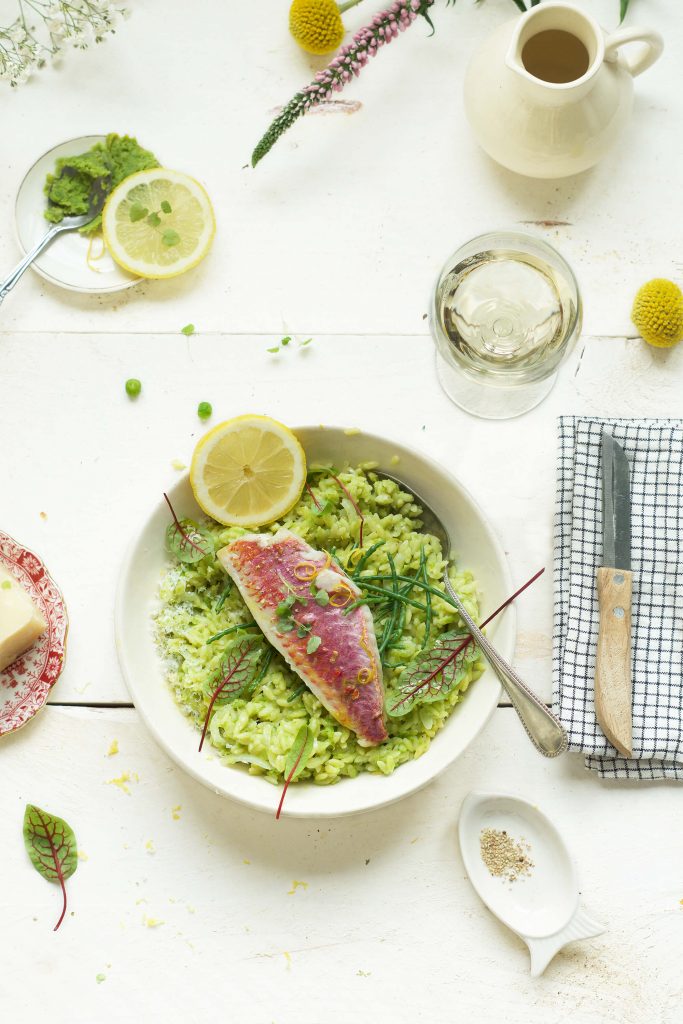 rode mul met snelle risotto van orzo en doperwten online diëtist